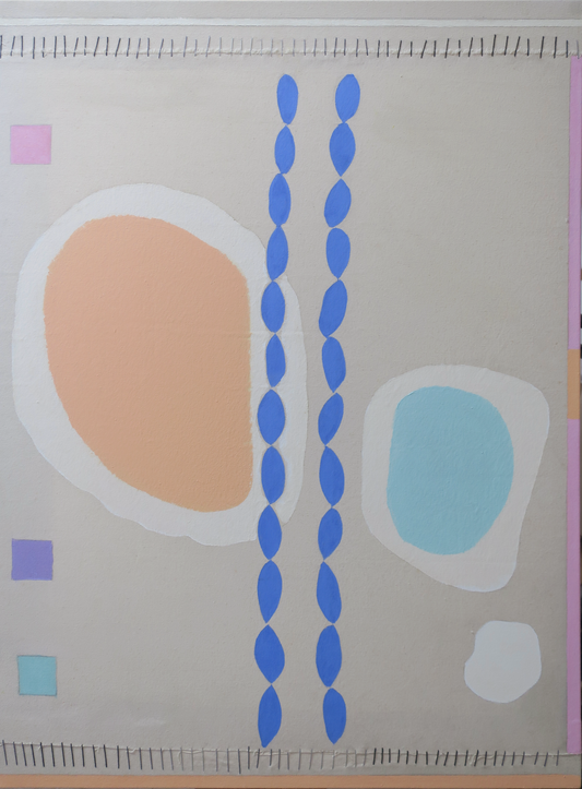 ACRYLIC, PENCIL AND EMBROIDERY ON RAW CANVAS